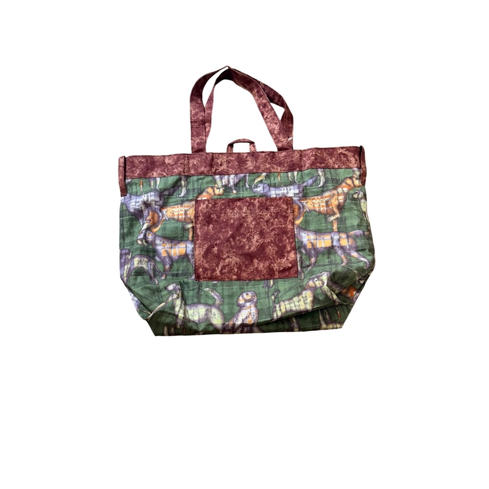 Handmade‎ Dog Print Cotton Tote Bag Green Plaid Puppy Breed Large Shoulder Bag
